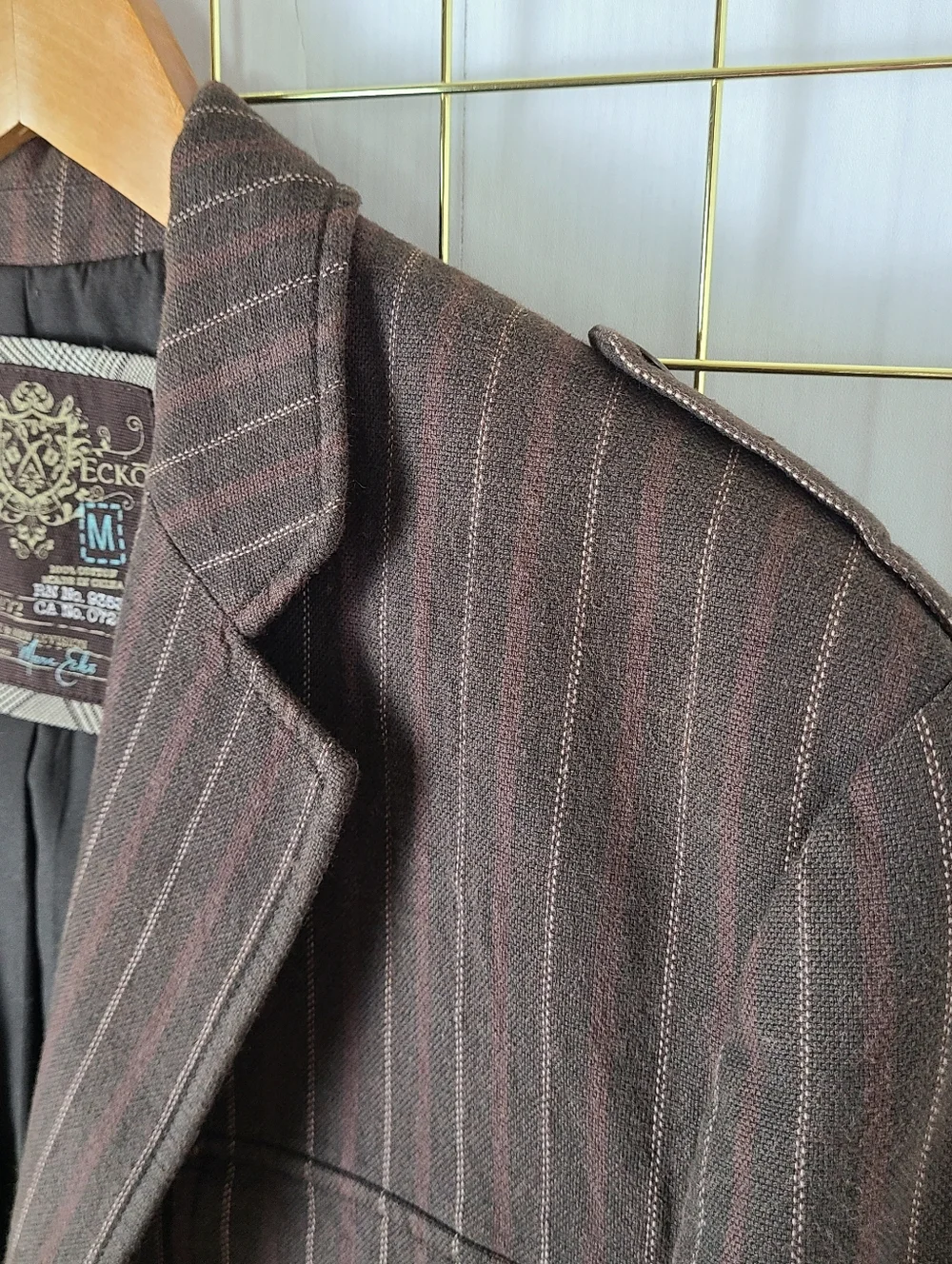 Marc Ecko Cut & Sew Y2K Brown Striped Military Graphic Blazer Sport Coat
